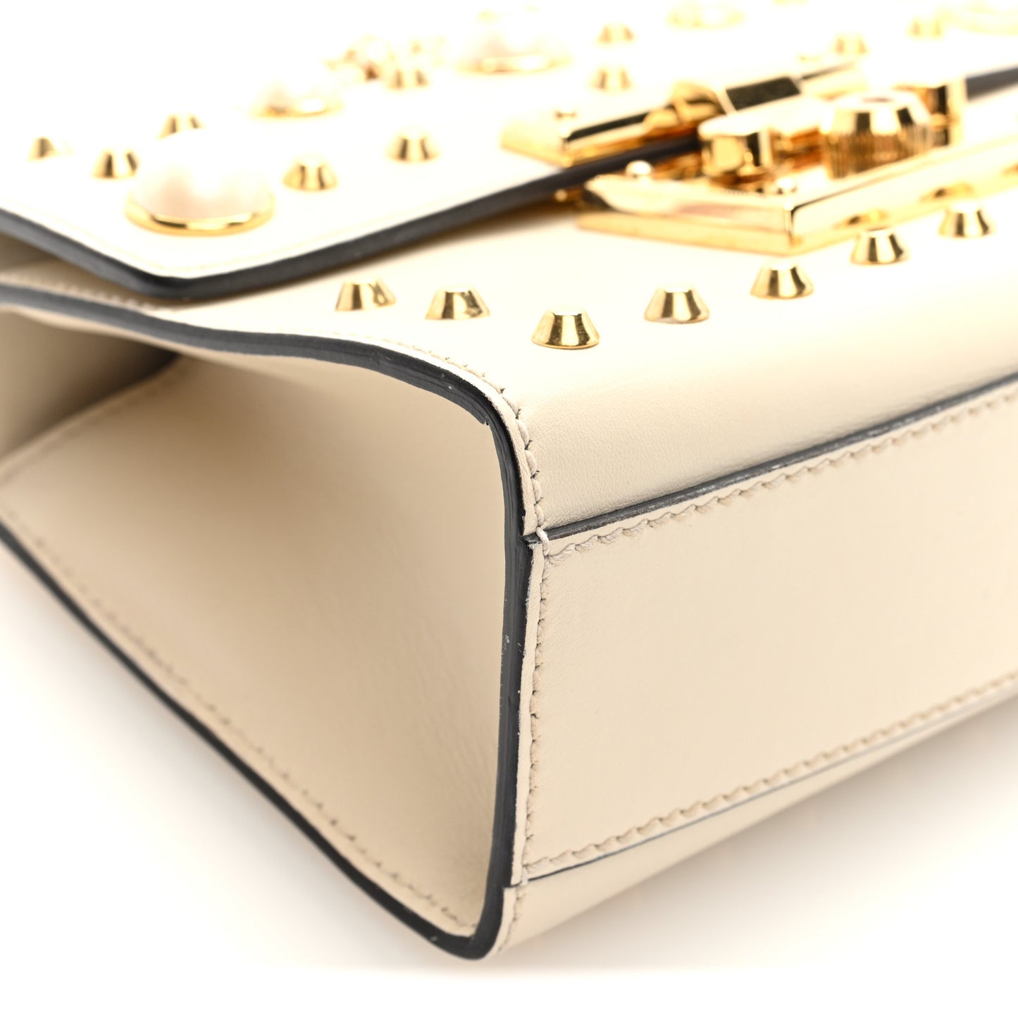 Calfskin Studded Small Padlock Shoulder Bag White