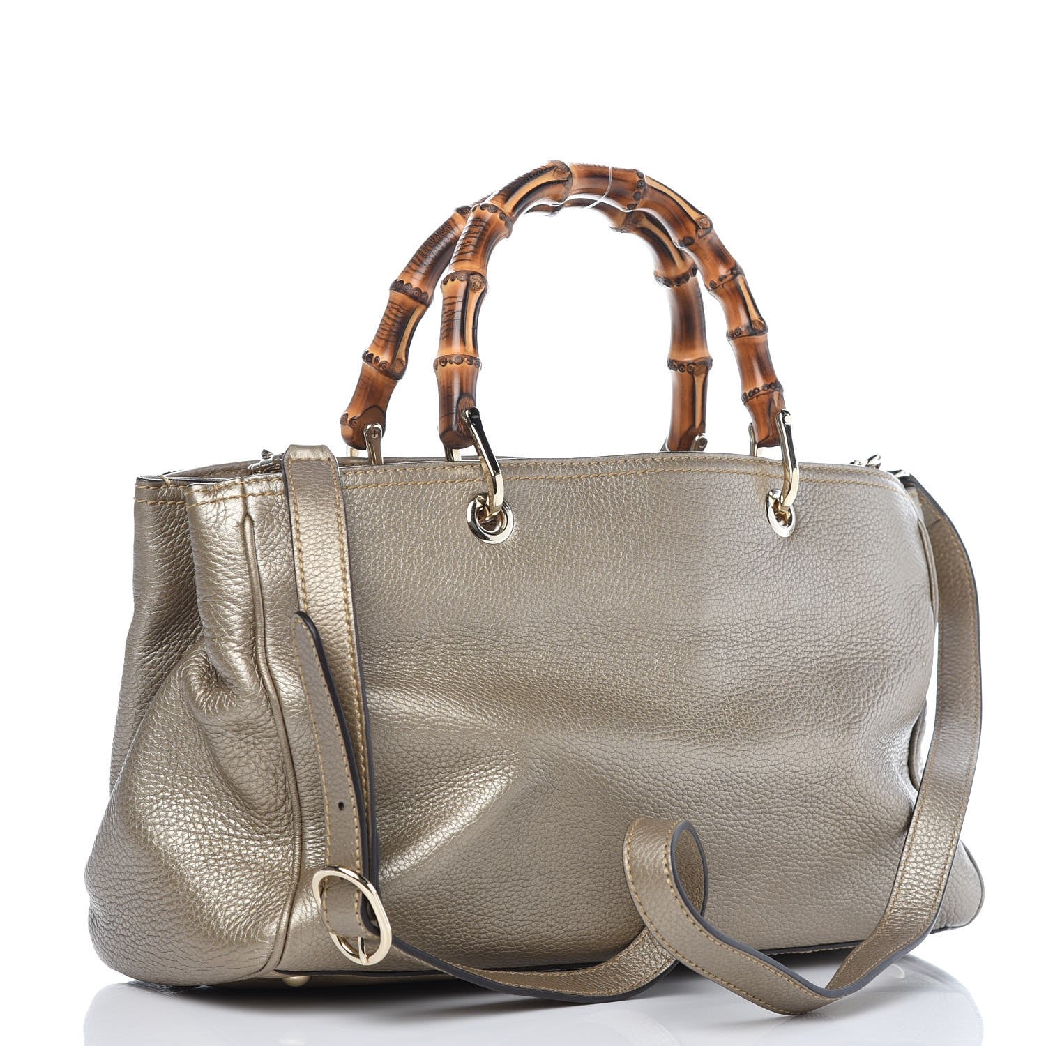 Gucci Metallic Pebbled Calfskin Medium Bamboo Shopper Tote Golden Beige 3 of 7