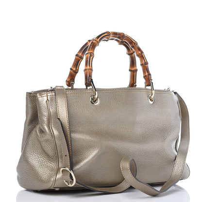 Gucci Metallic Pebbled Calfskin Medium Bamboo Shopper Tote Golden Beige 3 of 7