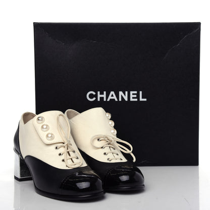 Chanel Metallic Lambskin Patent Pearl Cap Toe Lace Up Oxfords 38 Black Beige Silver 11 of 11