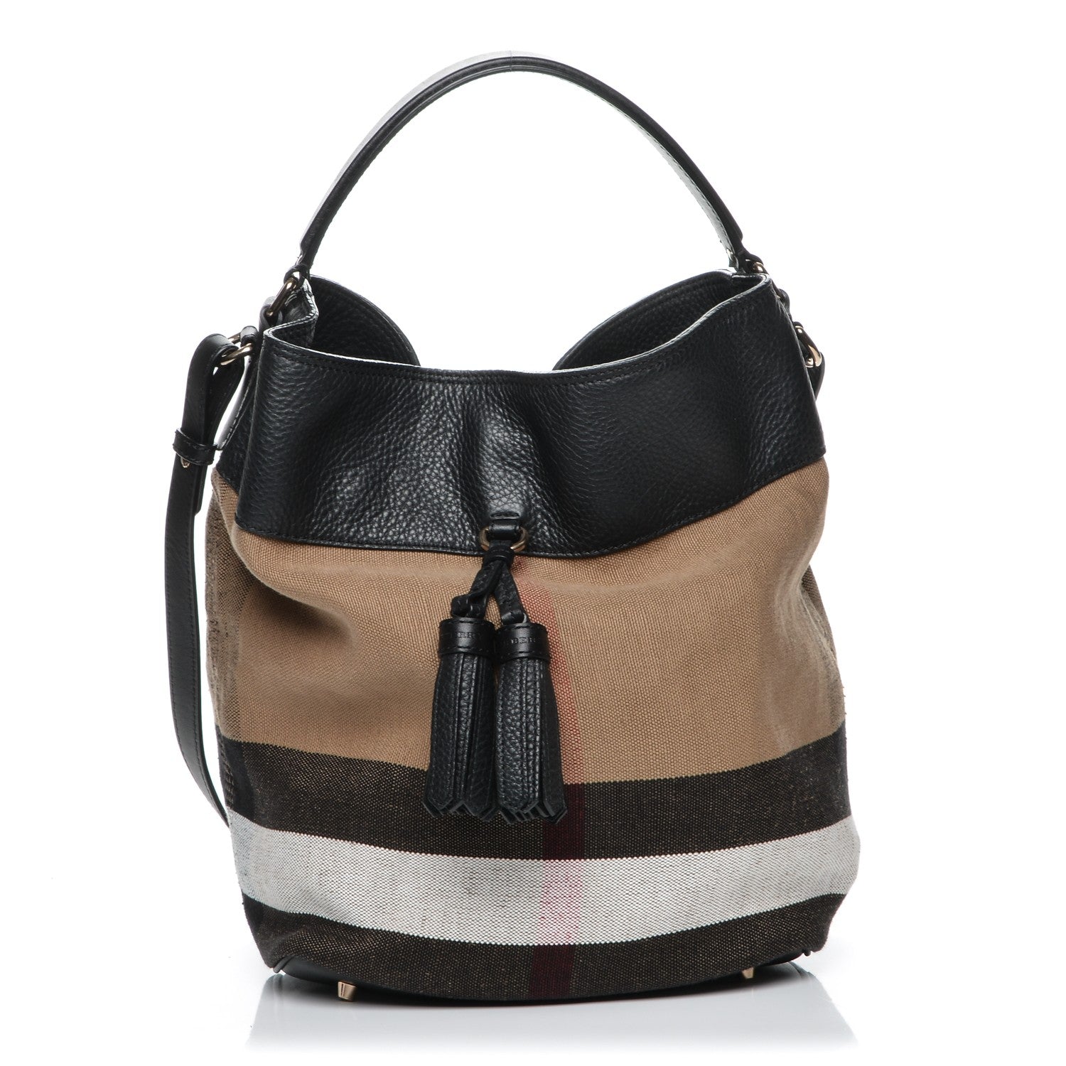 Burberry Grainy Calfskin Canvas Mega Check Medium Ashby Tassel Hobo Black 1 of 7