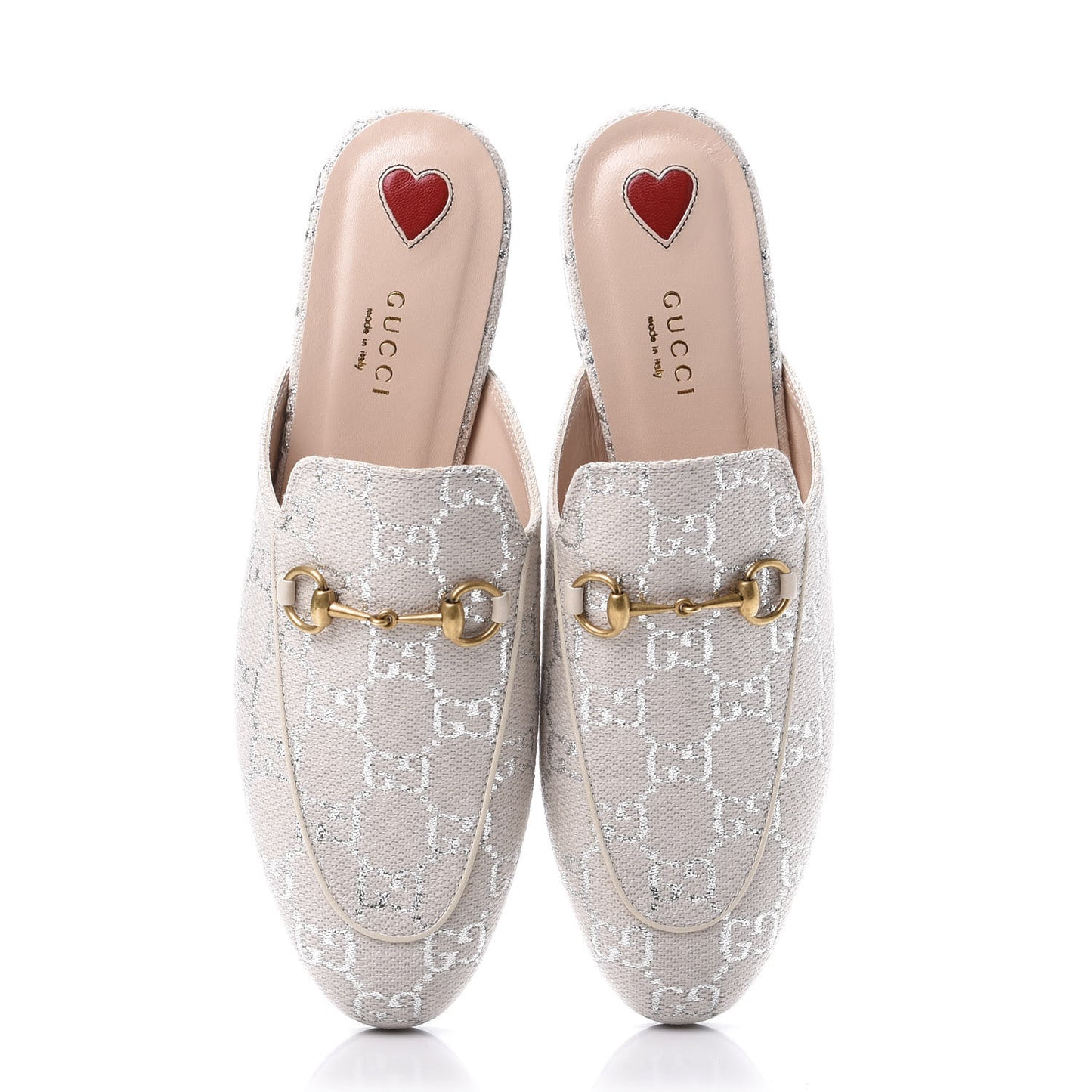 Canvas Lame GG Monogram Womens Princetown Slippers 39 Gardenia Silver