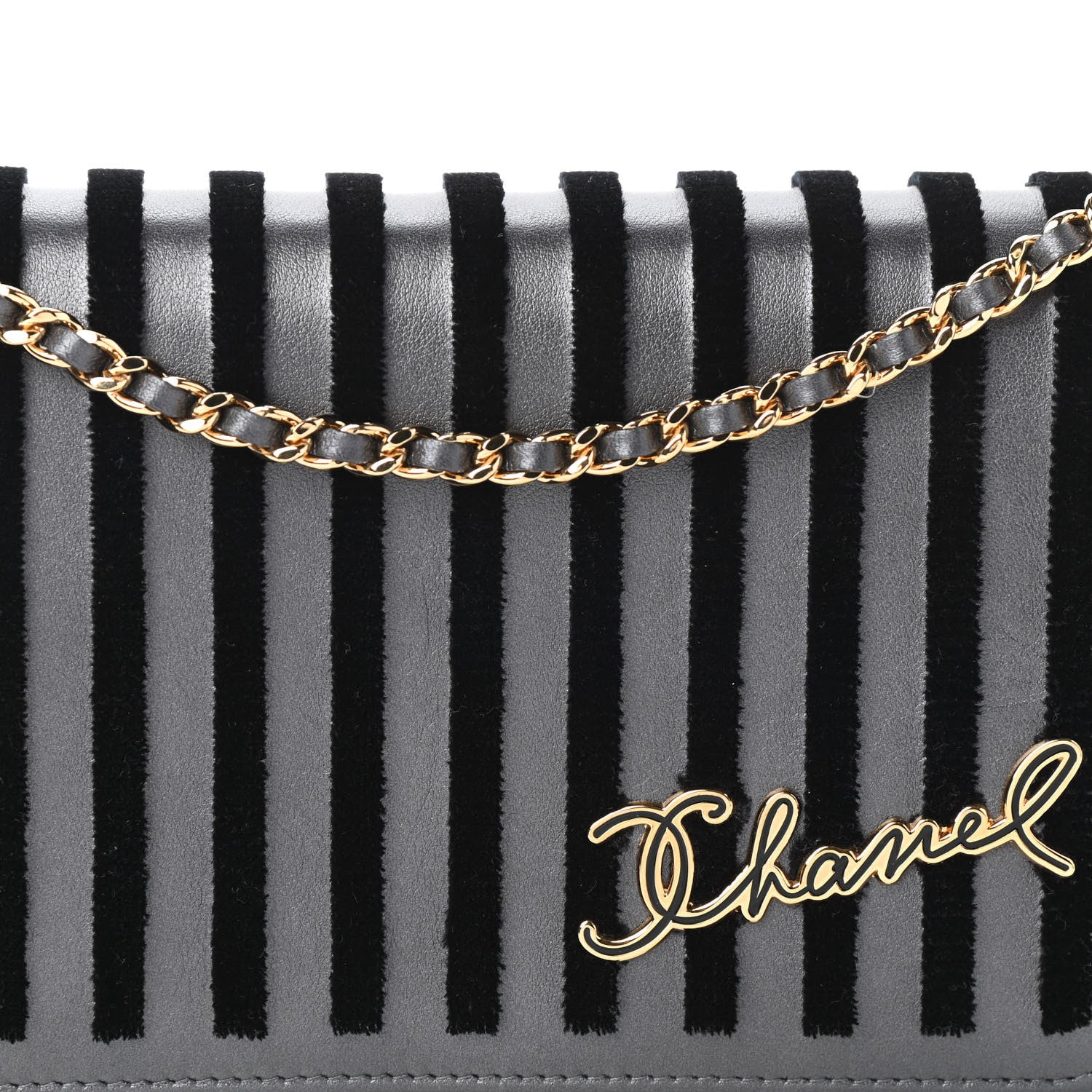 Chanel Iridescent Calfskin Velvet Stripe Wallet On Chain WOC Charcoal 10 of 12