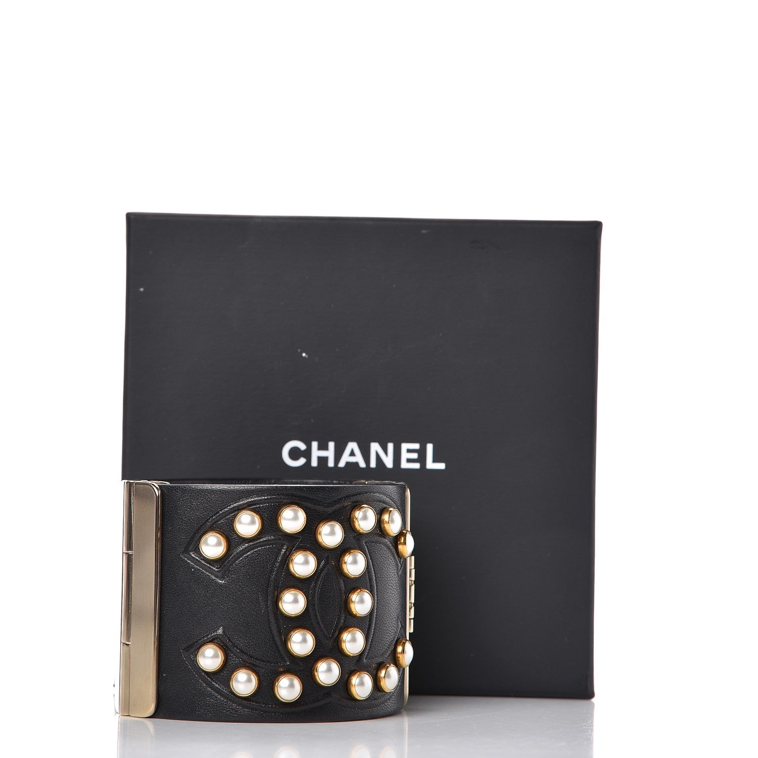 Chanel Lambskin Calfskin Pearl CC Cuff Bracelet Black Gold 7 of 7