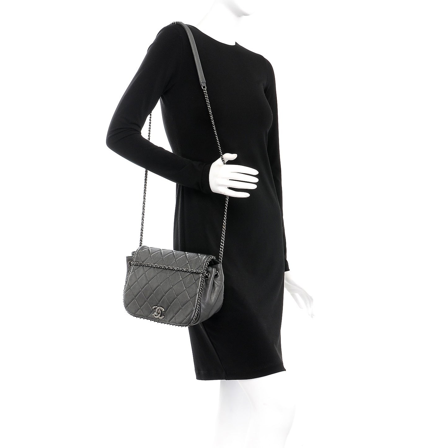 Calfskin Quilted Small CC Enchained Accordion Flap Grey