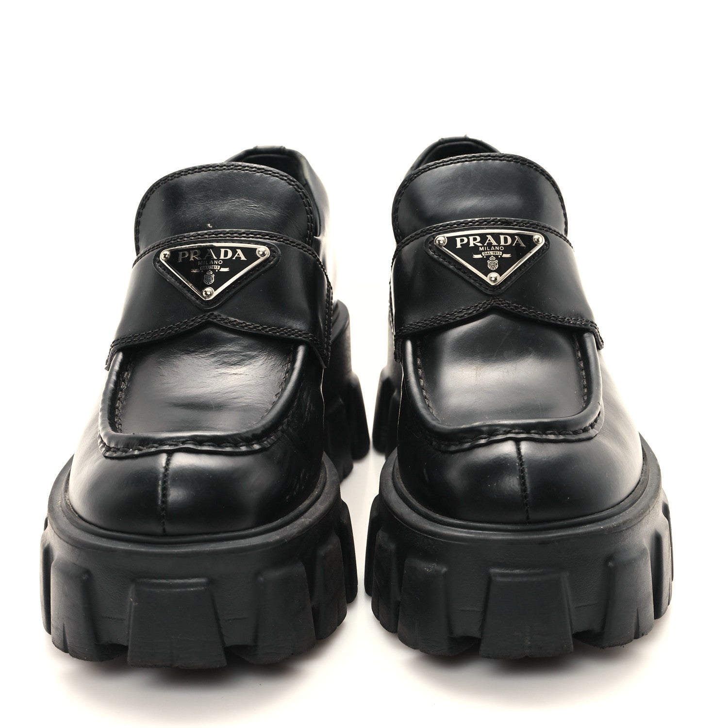 Prada Spazzolato Rois Metal Triangle Logo Monolith 55mm Loafers 35 Black 3 of 9