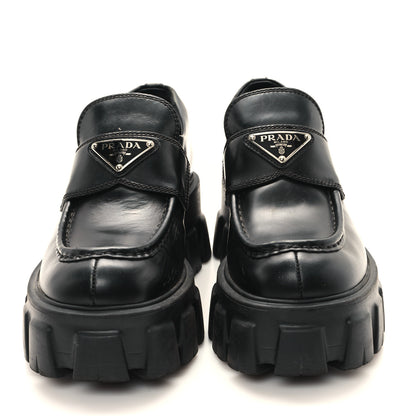 Prada Spazzolato Rois Metal Triangle Logo Monolith 55mm Loafers 35 Black 3 of 9