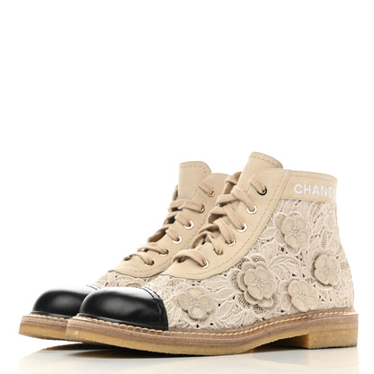 Chanel Embroidered Flower Calfskin Lace Up Boots 39 Beige Black 3 of 9