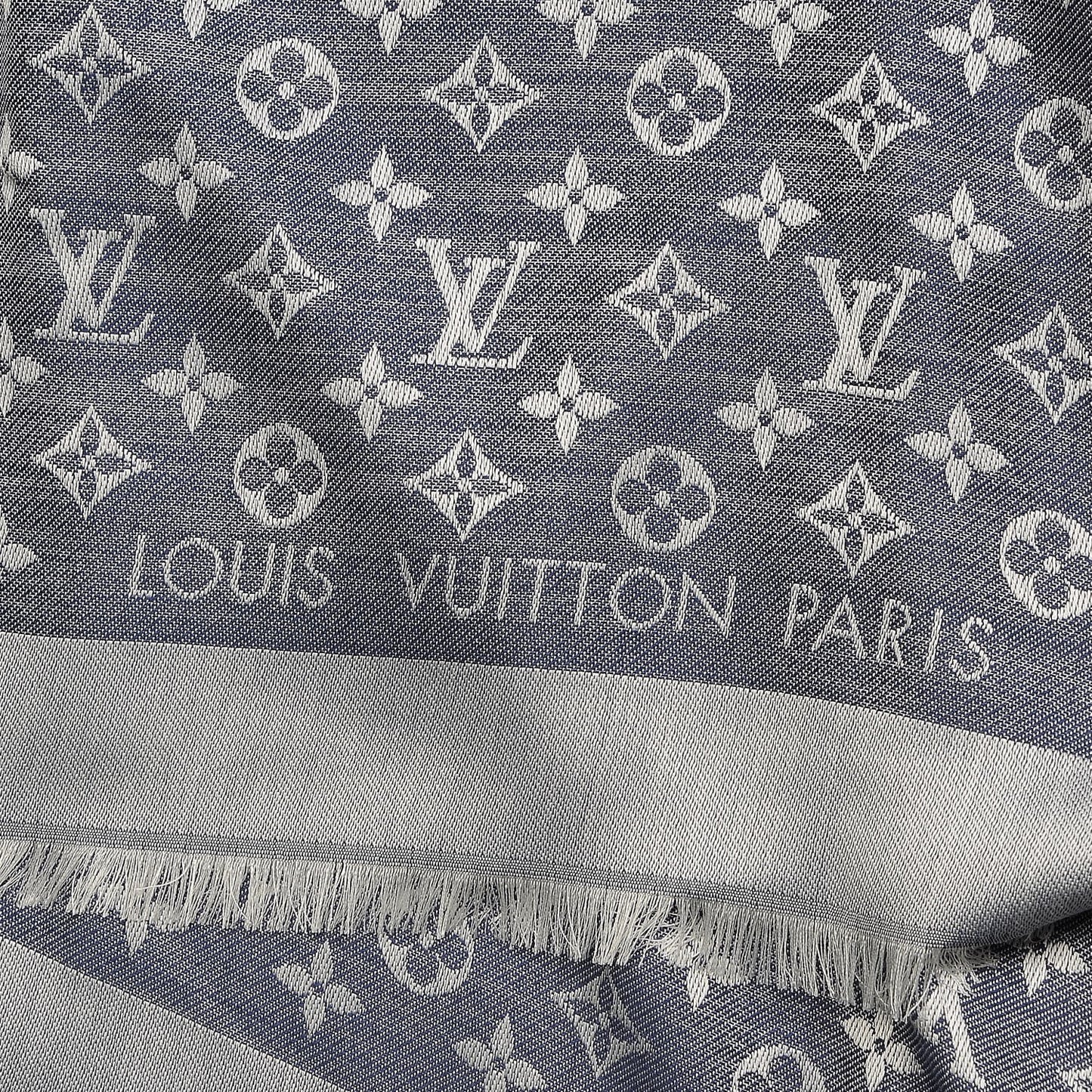 Wool Silk Monogram Denim Shawl Blue