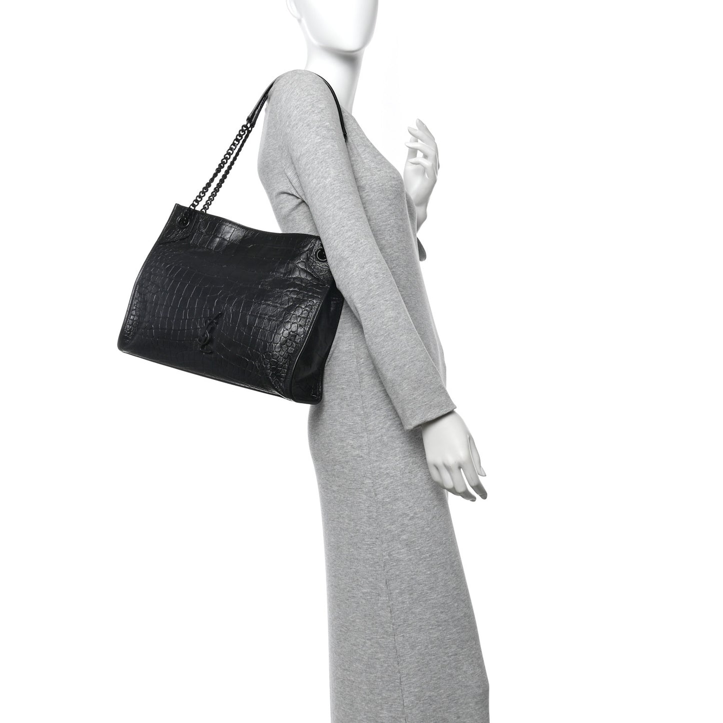 Calfskin Crocodile Embossed Monogram Medium Niki Shopping Bag Black
