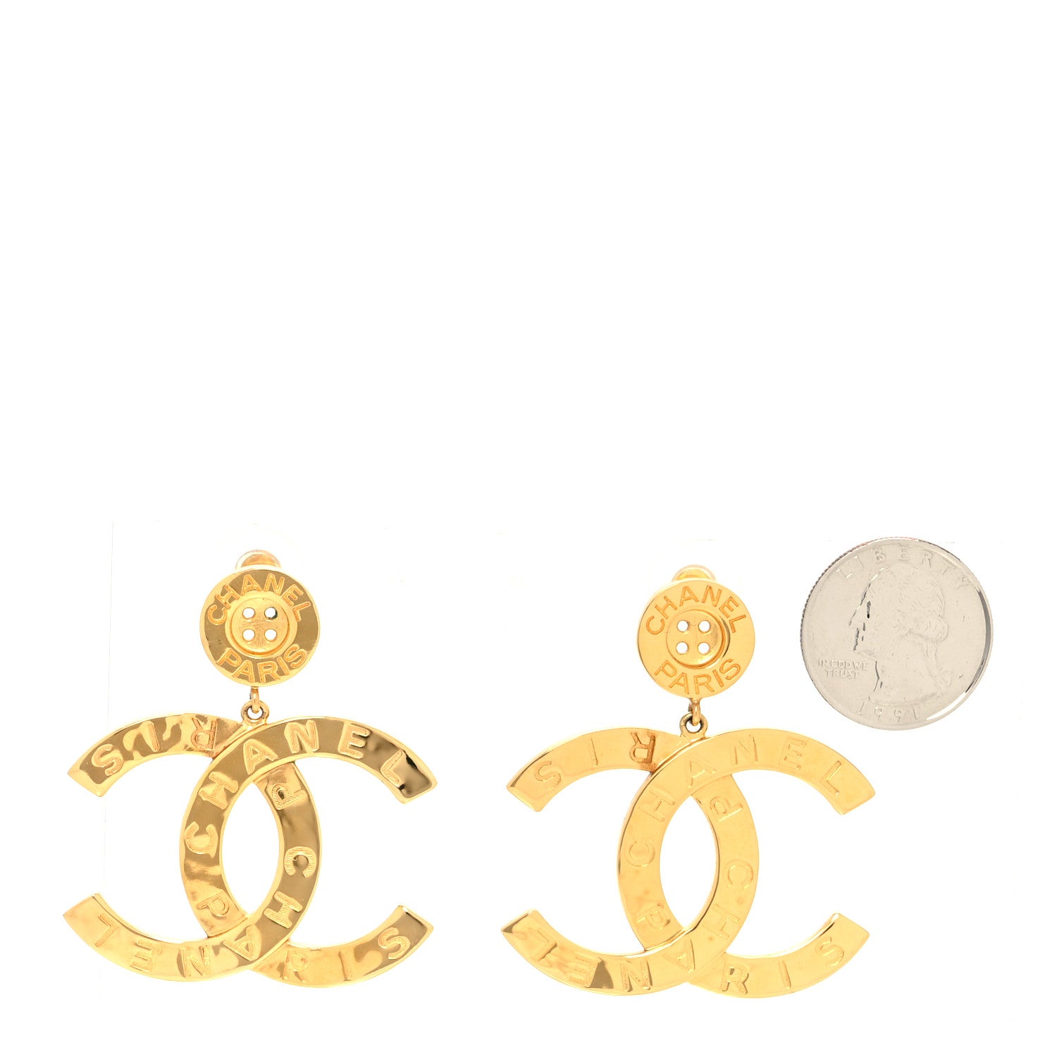 Chanel Metal Large Paris Button Earrings Gold 2 of 5