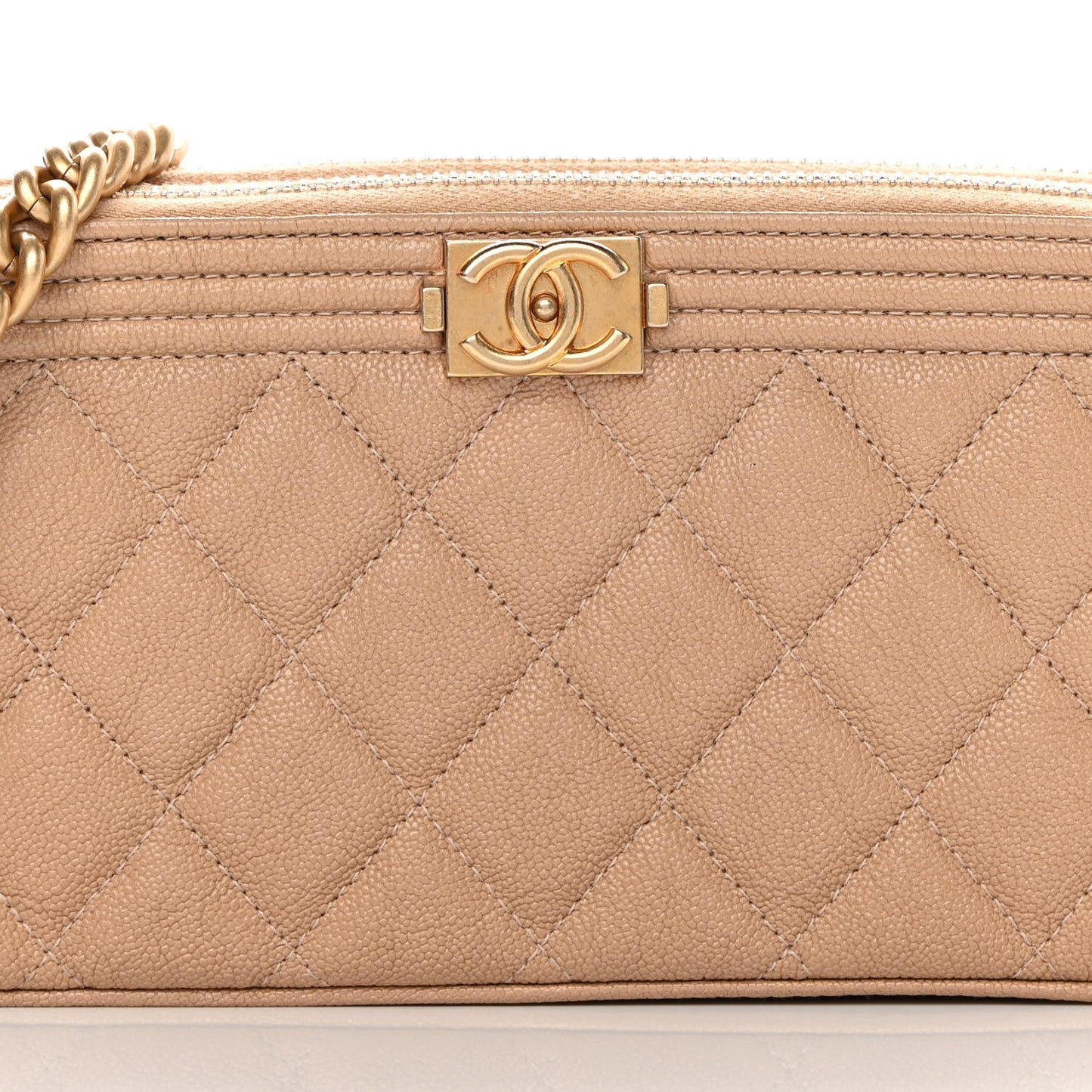 Caviar Quilted Small Boy Clutch With Chain Beige
