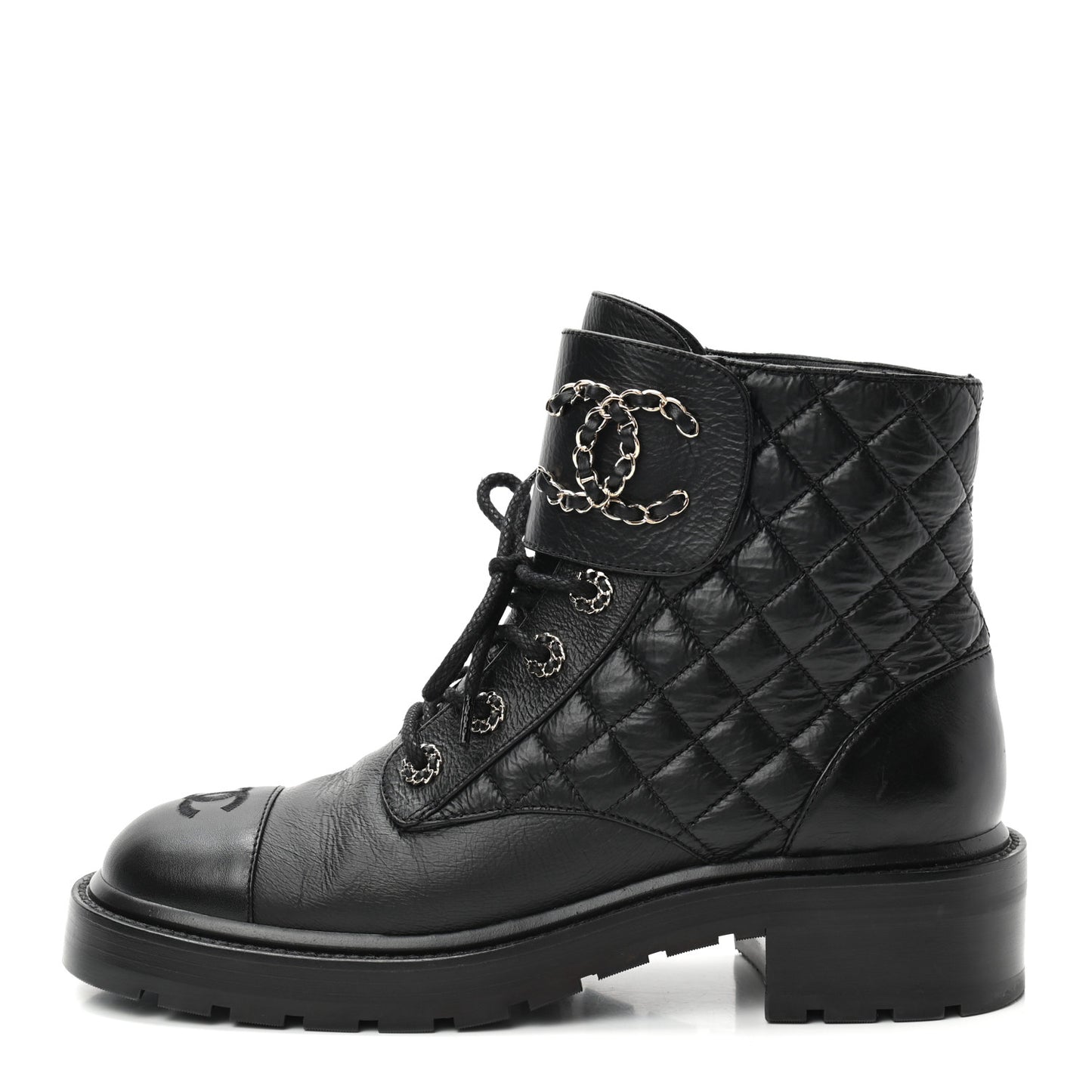 Shiny Goatskin Calfskin Quilted Lace Up Combat Boots 39.5 Black