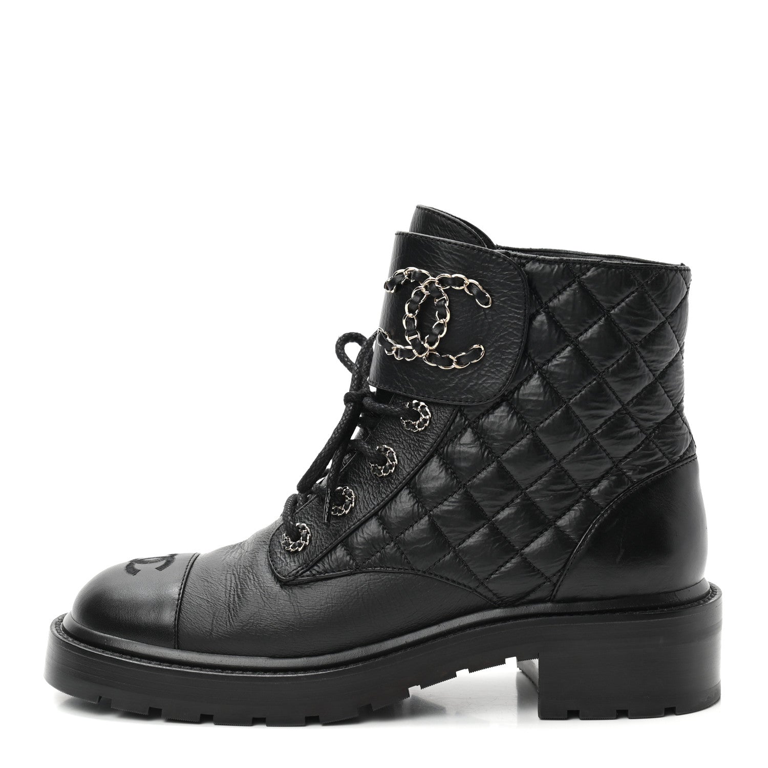 Chanel Shiny Goatskin Calfskin Quilted Lace Up Combat Boots 39.5 Black 1 of 8