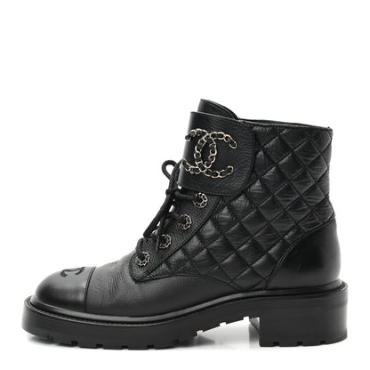 Chanel Shiny Goatskin Calfskin Quilted Lace Up Combat Boots 39.5 Black 1 of 8