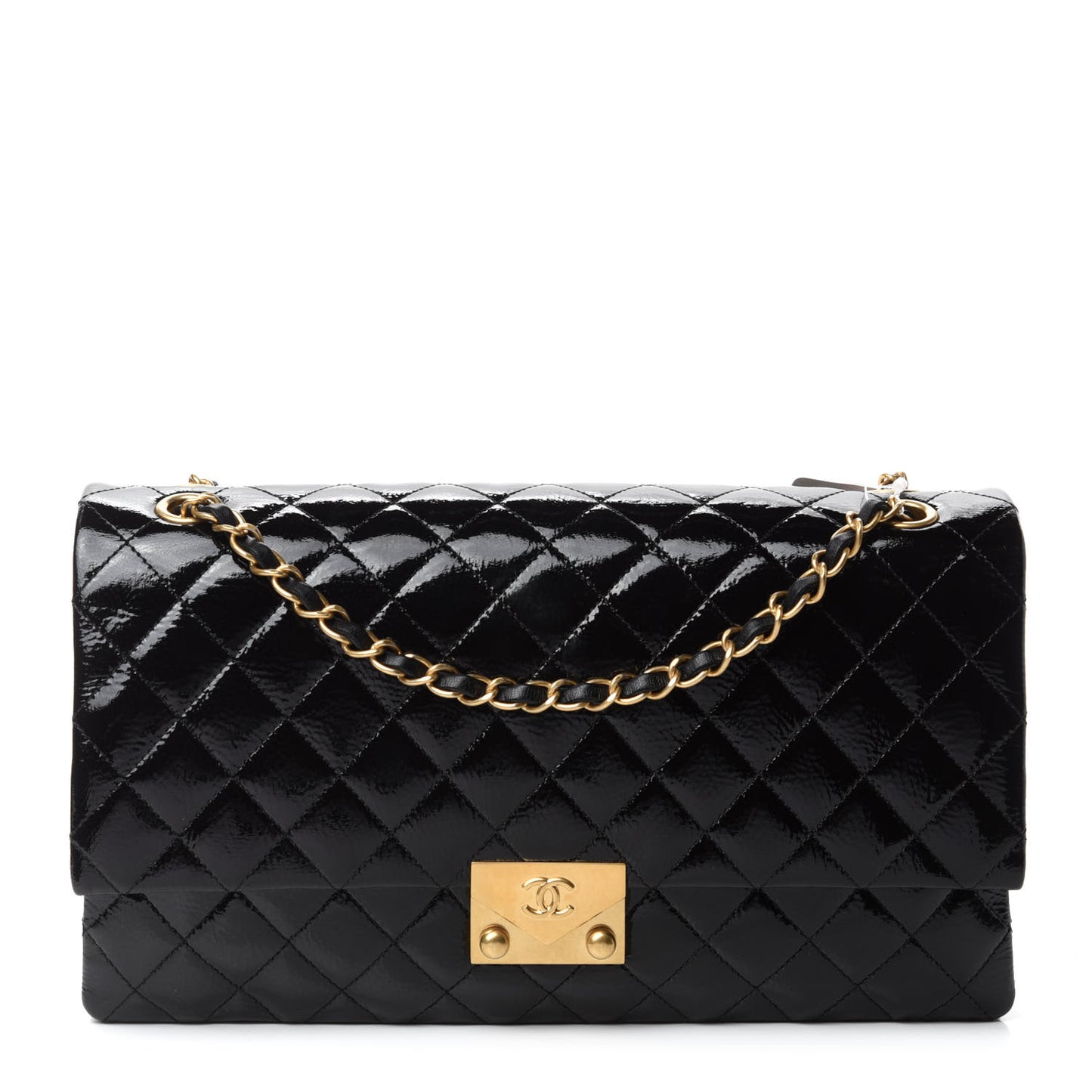 Patent Goatskin Quilted 3 Pocket Accordion Flap Black