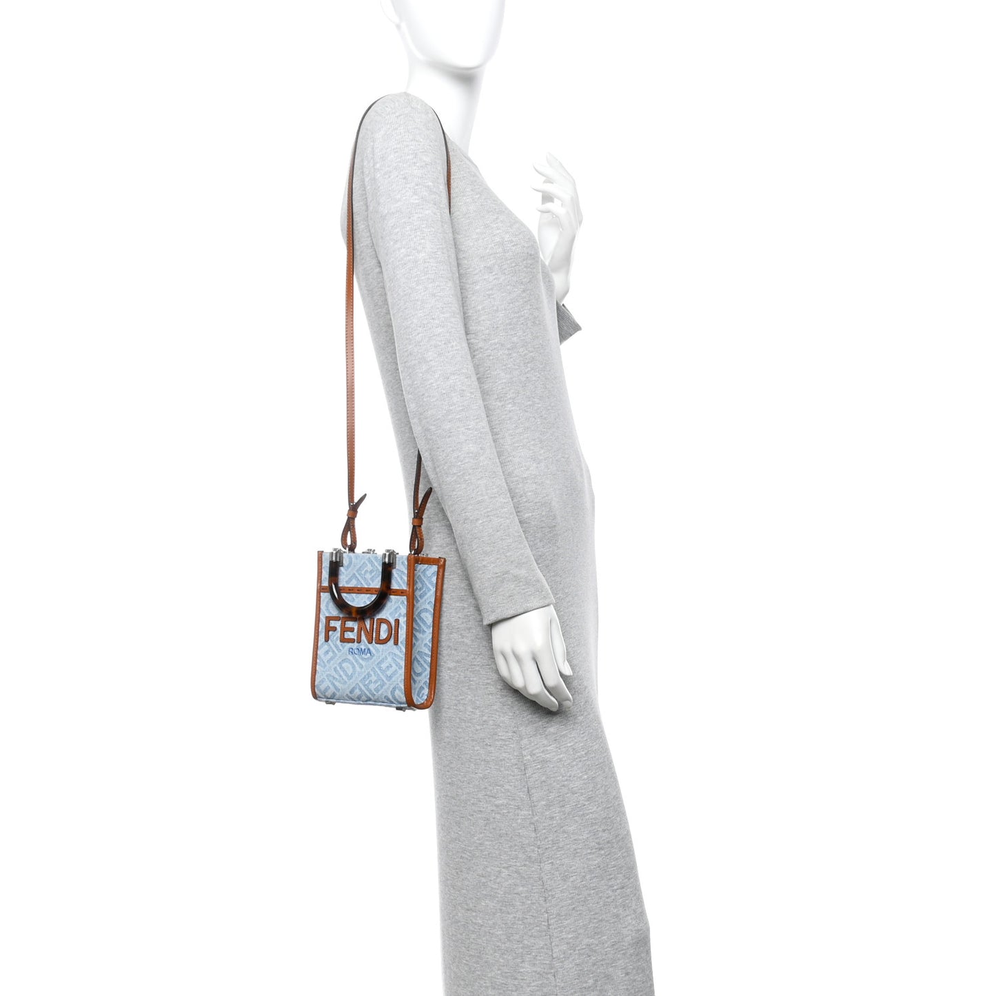 Denim Vitello King FF Embroidered Plexiglass Mini Sunshine Shopper Tote Blue Brown