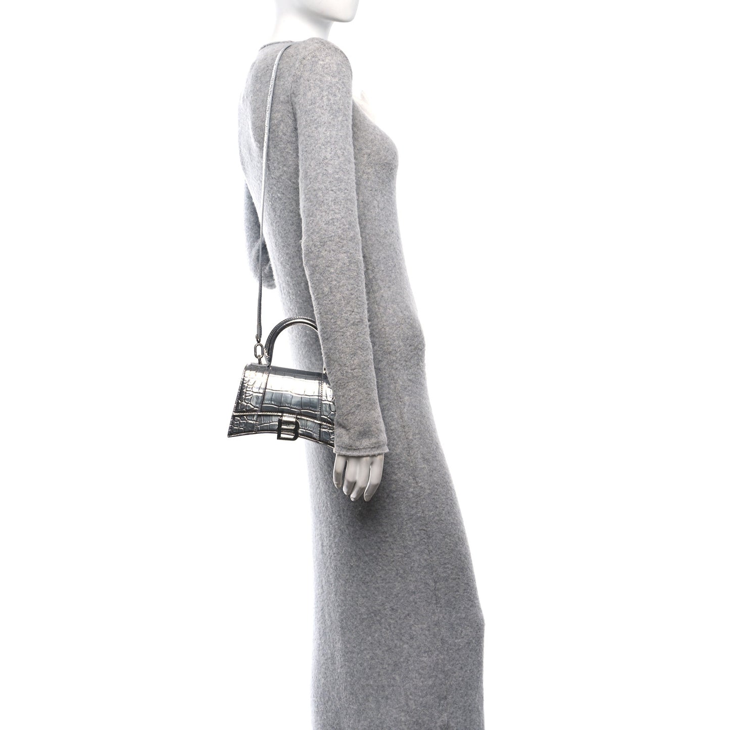 Metallic Calfskin Crocodile Embossed Hourglass Top Handle Bag XS Silver