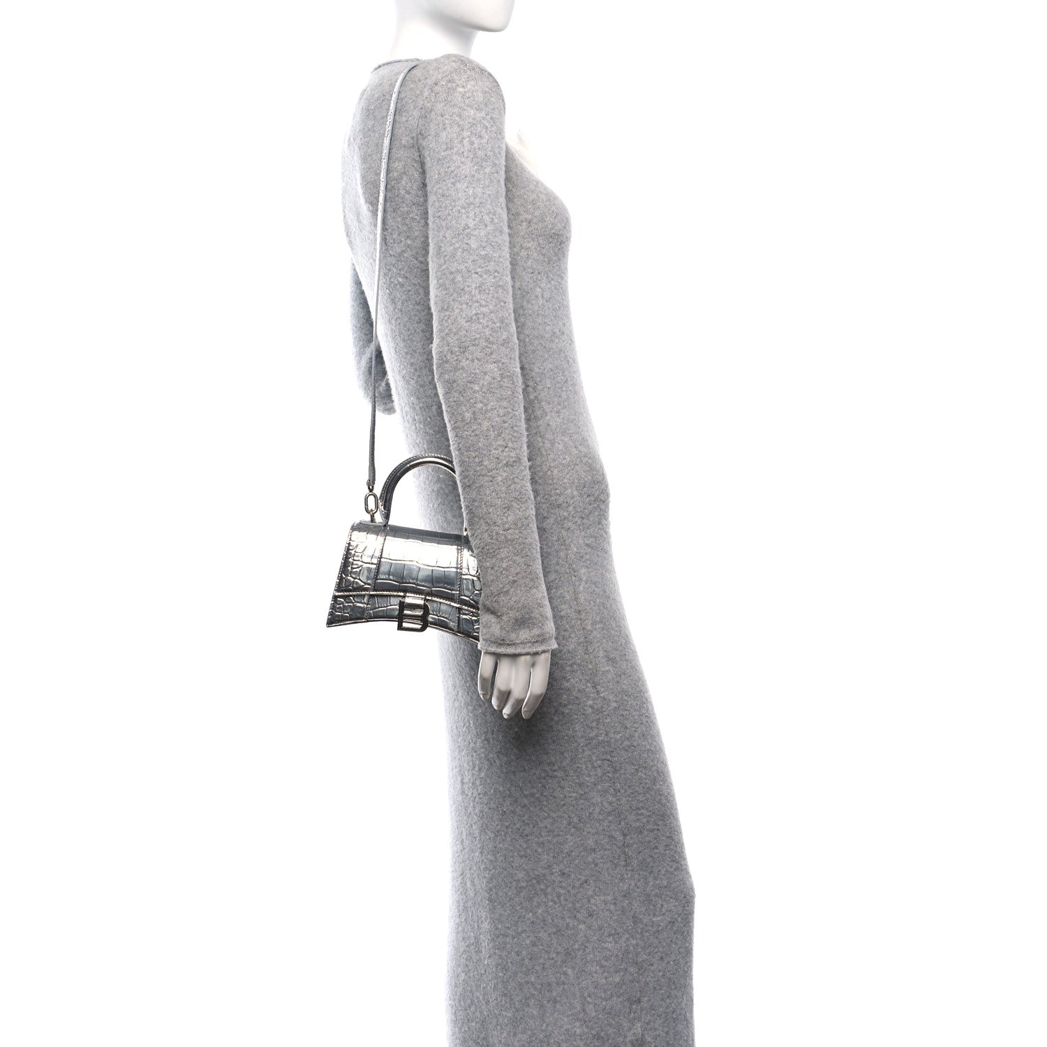 Balenciaga Metallic Calfskin Crocodile Embossed Hourglass Top Handle Bag XS Silver 2 of 10