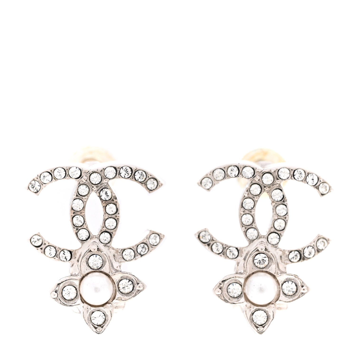 Chanel Crystal Pearl Flower CC Earrings Silver 1 of 5