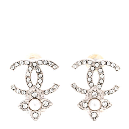 Chanel Crystal Pearl Flower CC Earrings Silver 1 of 5