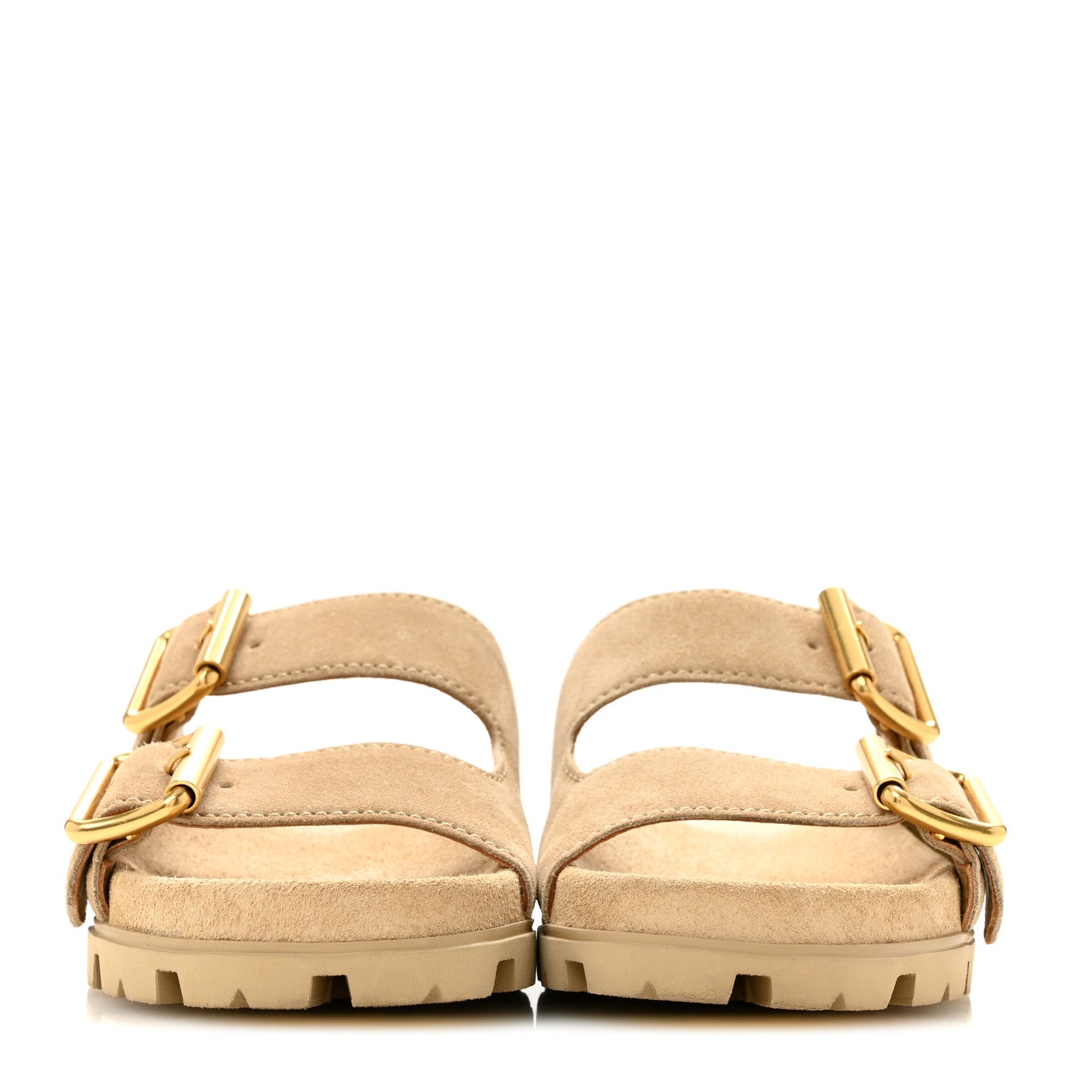 Prada Suede Metal Triangle Logo Womens Double Buckle 20mm Slide Sandals 36.5 Ecru 3 of 10