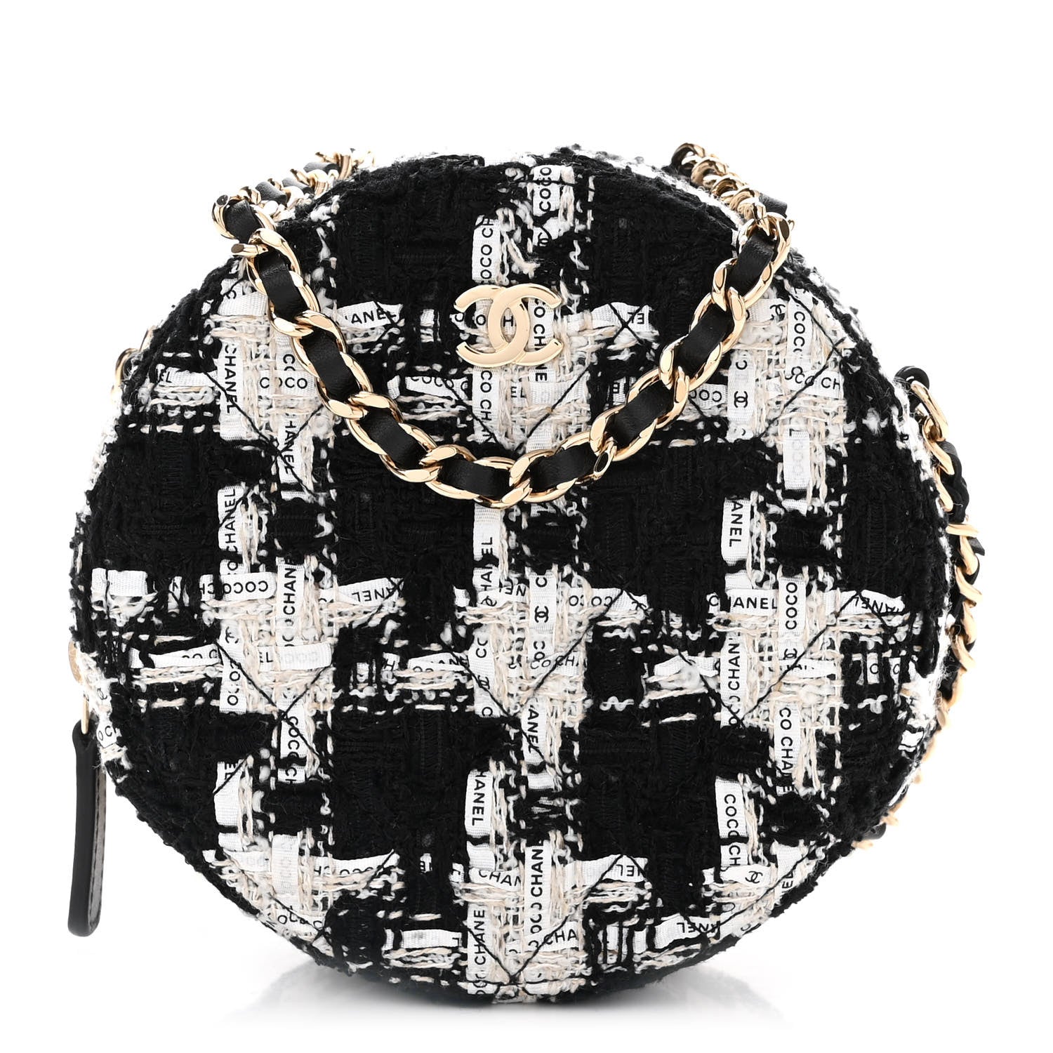 Chanel Tweed Quilted Round Clutch With Chain Black Ecru White 3 of 11
