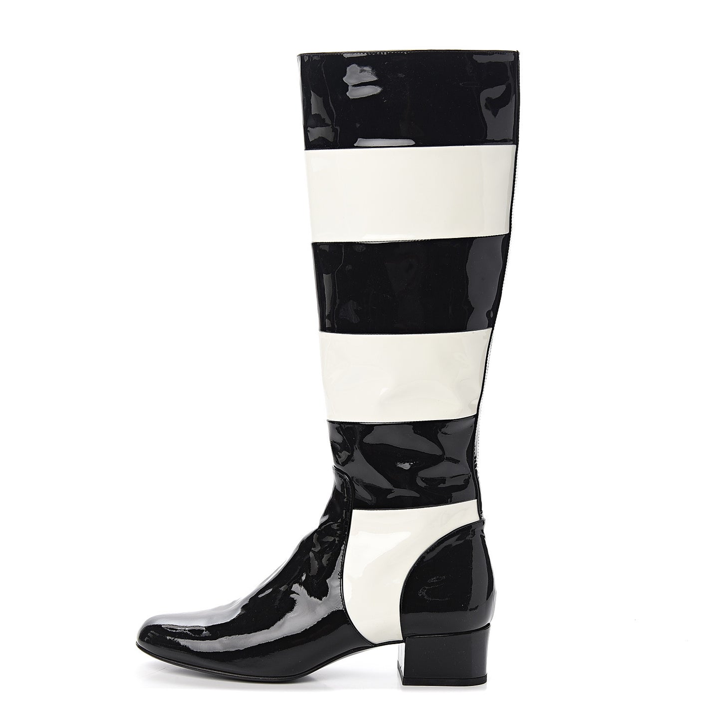 Patent Striped Knee High Boots 38.5 Black White