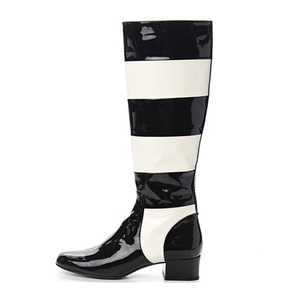 Saint Laurent Patent Striped Knee High Boots 38.5 Black White 1 of 9