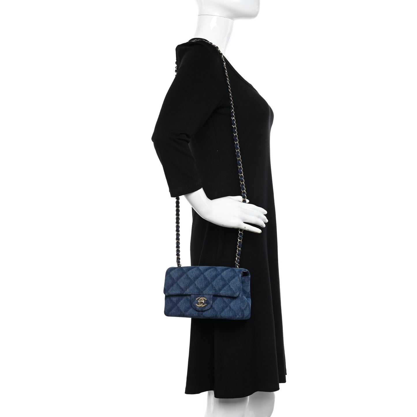 Printed Denim Quilted Mini Rectangular Flap Dark Blue