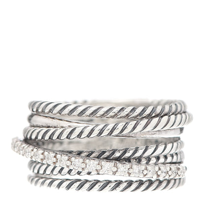 David Yurman Sterling Silver Diamond 11mm Wide Crossover Cable Ring 54 7 1 of 4