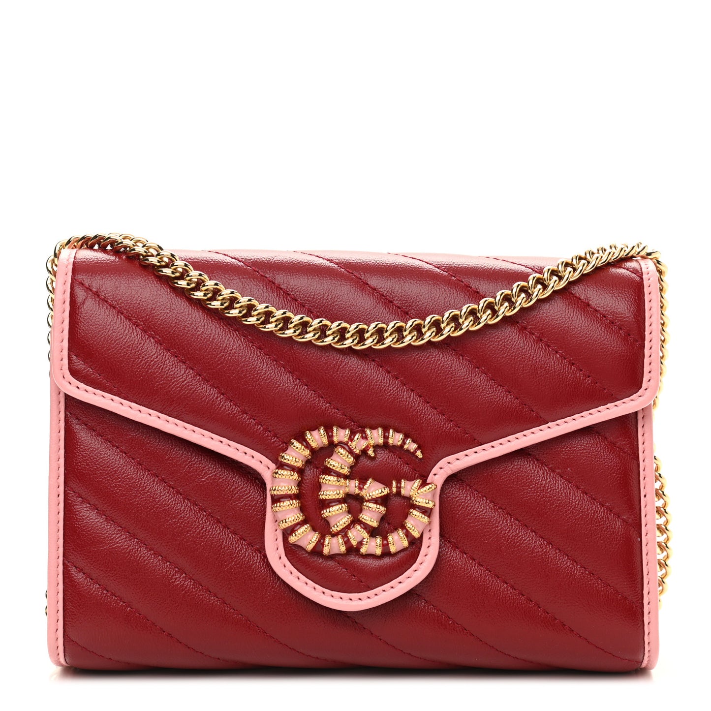 Azalea Calfskin Enamel Matelasse Diagonal Torchon GG Marmont Chain Wallet New Cherry Red Wild Rose