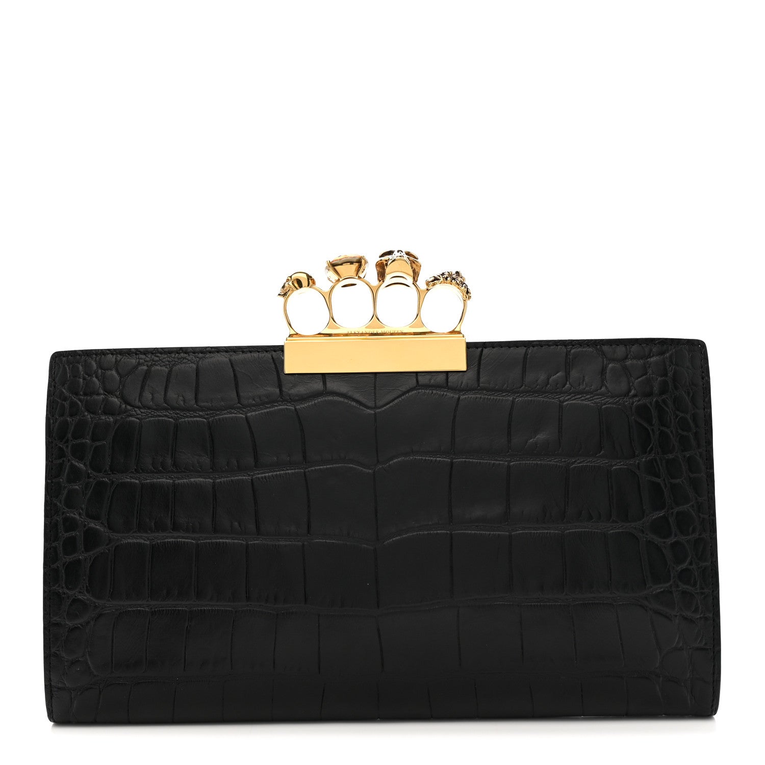 Alexander McQueen Calfskin Crocodile Embossed Knuckle Flat Clutch Black Gold 1 of 9