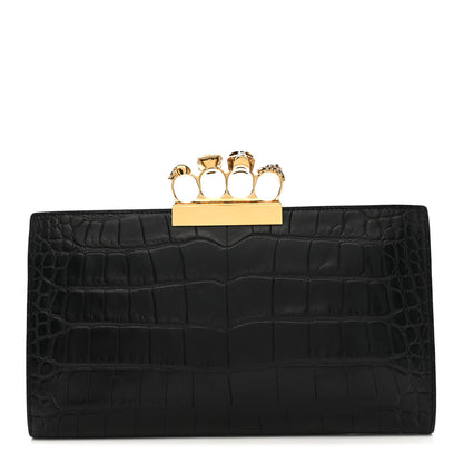 Alexander McQueen Calfskin Crocodile Embossed Knuckle Flat Clutch Black Gold 1 of 9