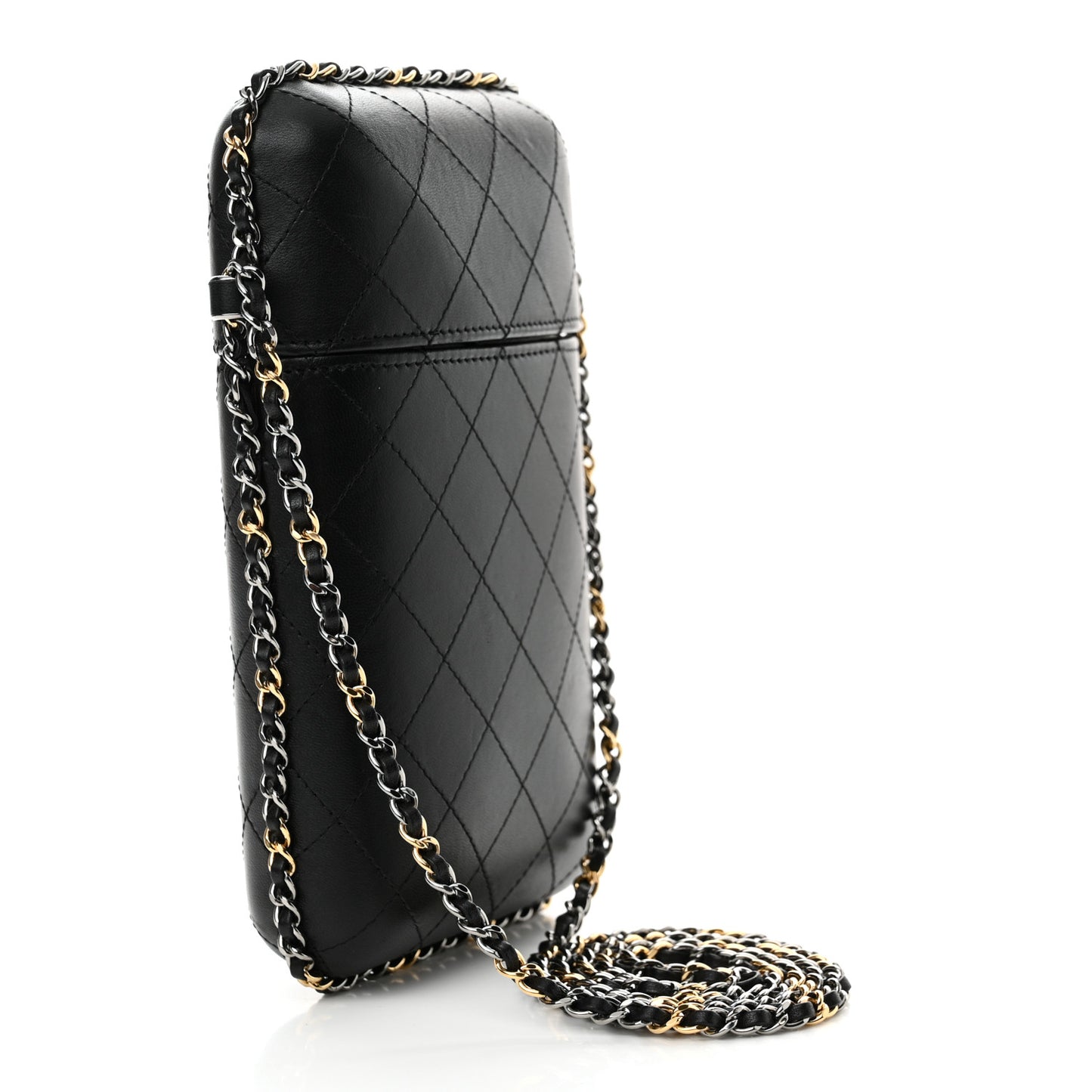 Lambskin Quilted Chain Around Phone Holder Black