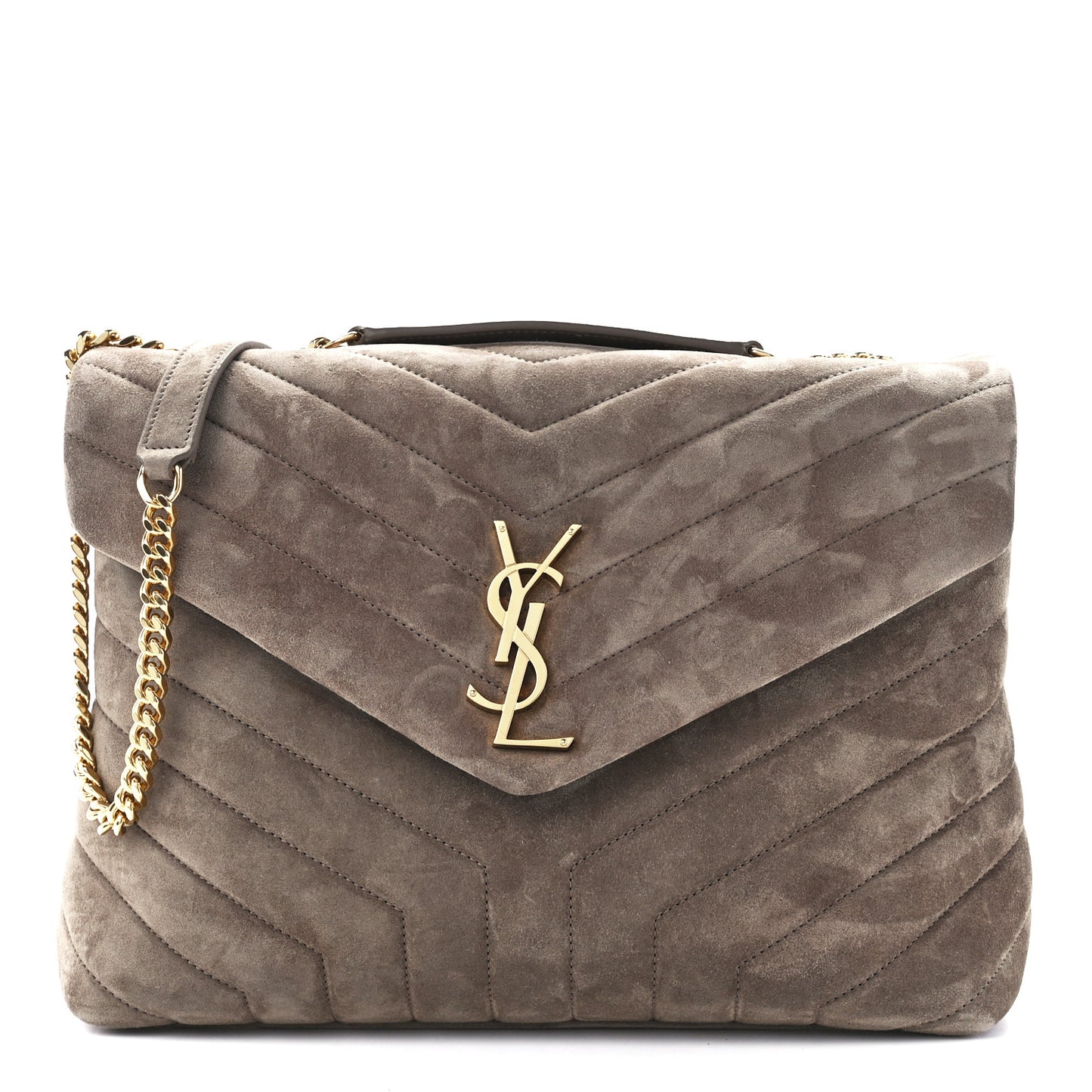 Suede Y Quilted Monogram Medium Loulou Chain Satchel Taupe
