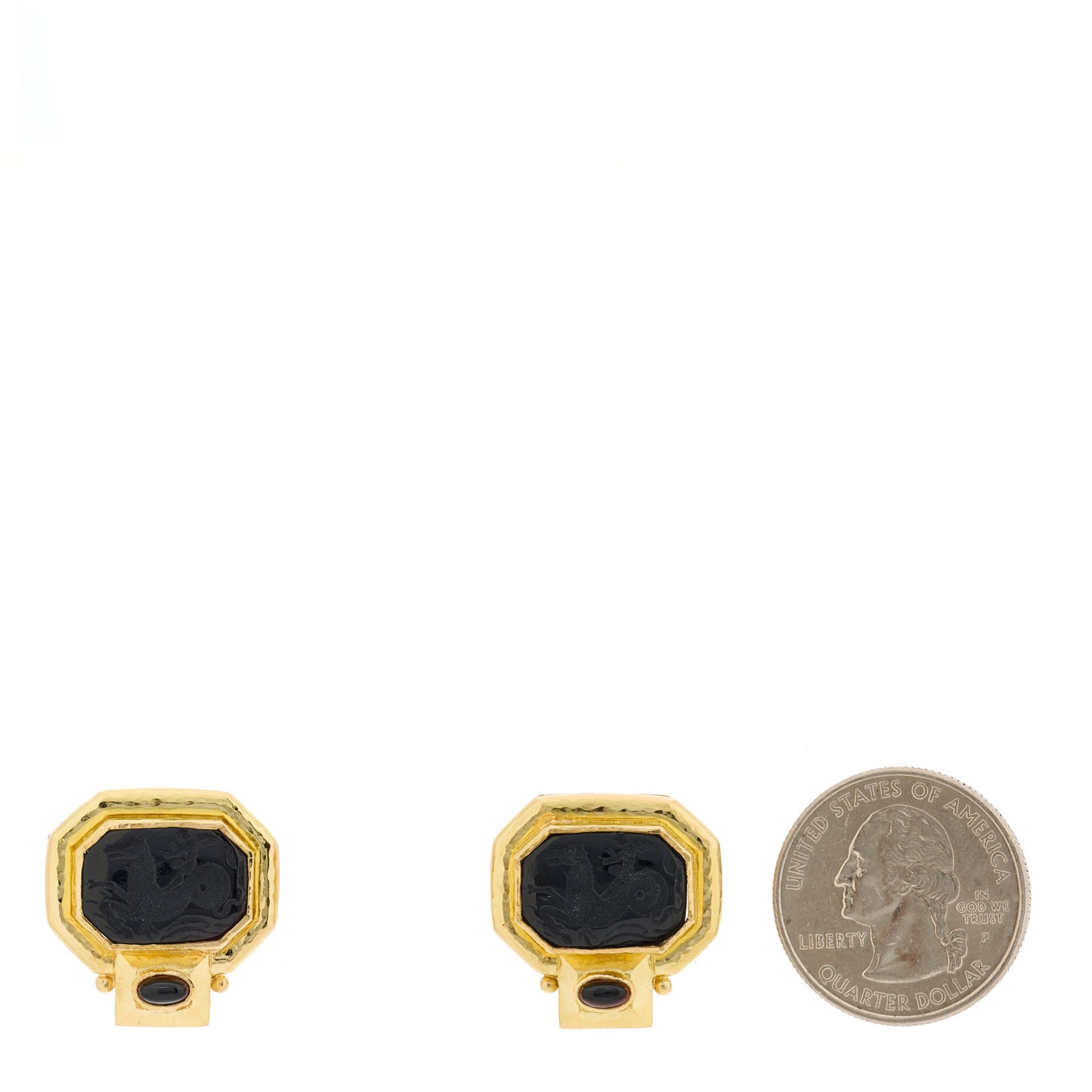 18K Yellow Gold Venetian Glass Black Onyx Cherub Seahorse Intaglio Earrings