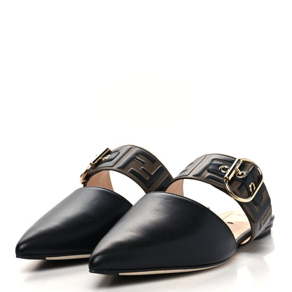 Fendi Vitello FF Embossed Buckle Flat Mules 38 Maya Black 3 of 7