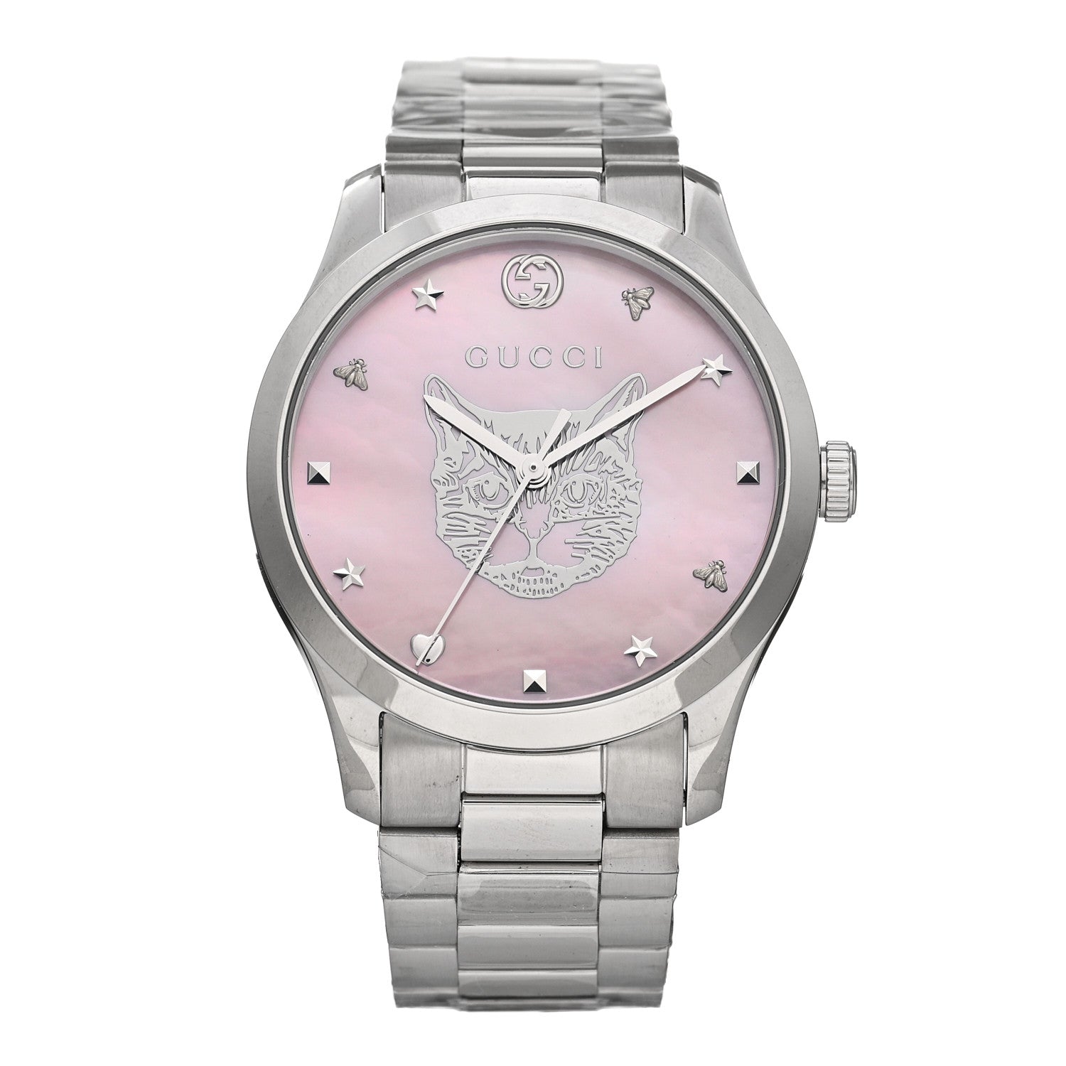 Gucci Stainless Steel Pink Mother of Pearl 38mm G-Timeless Cat Quartz Watch 1 of 4