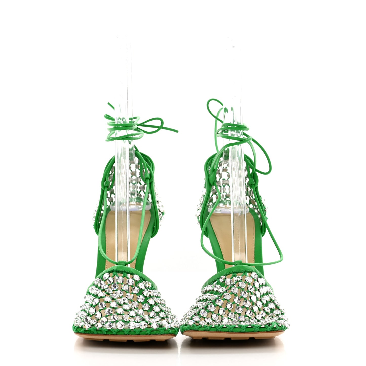 Mesh Nappa Crystal Embellished Sparkle Stretch Ankle Tie Sandals 40 Parakeet