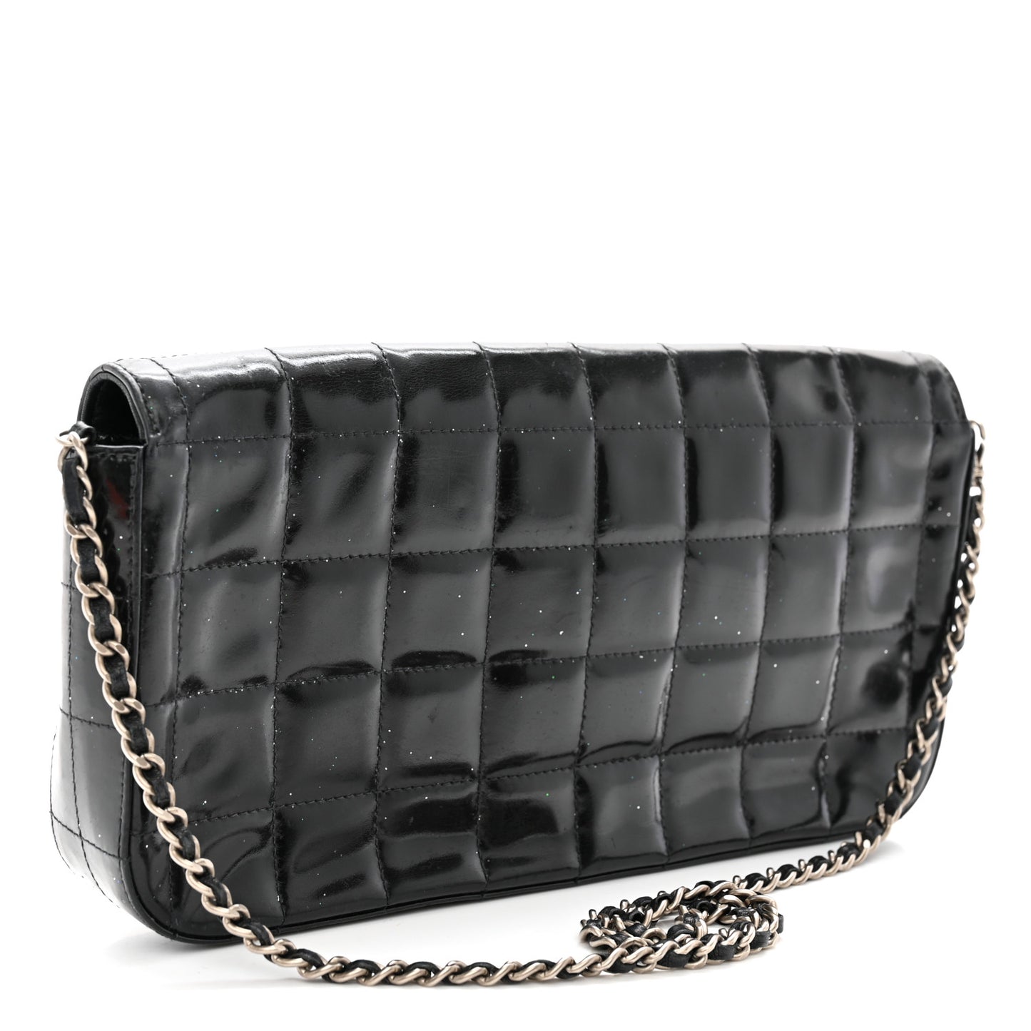 Patent Quilted East West Chocolate Bar Flap Black