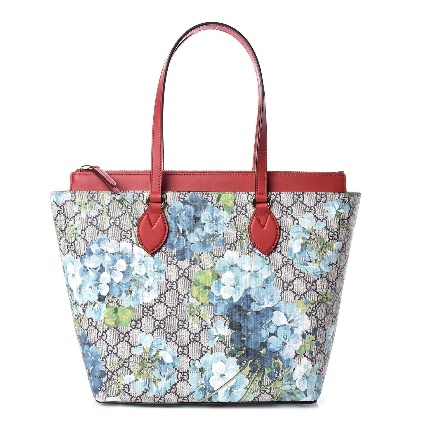 GG Supreme Monogram Blooms Medium Zippered Bucket Tote Beige Blue Navy Hibiscus Red