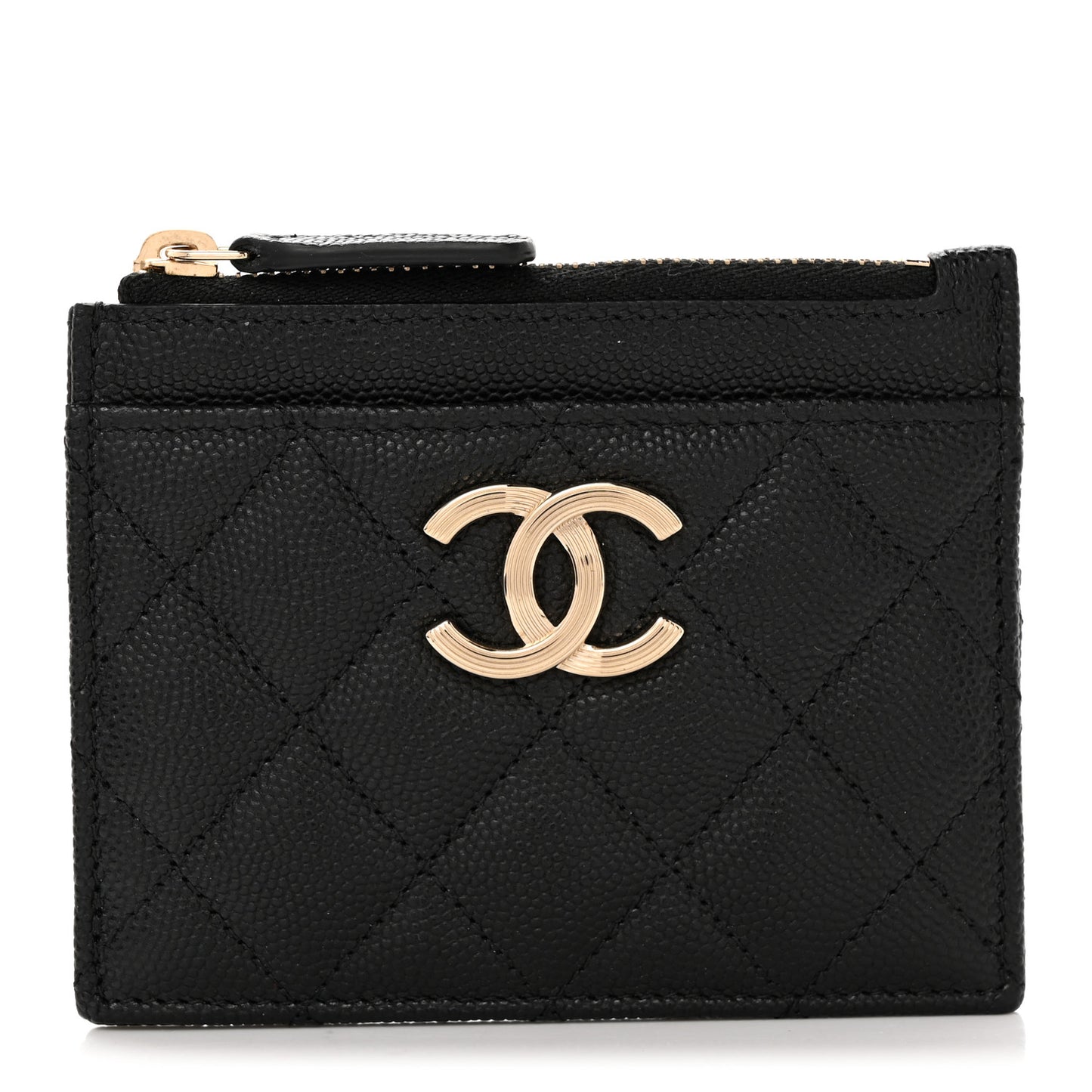 Caviar Quilted Striated Zip Card Holder Wallet Black