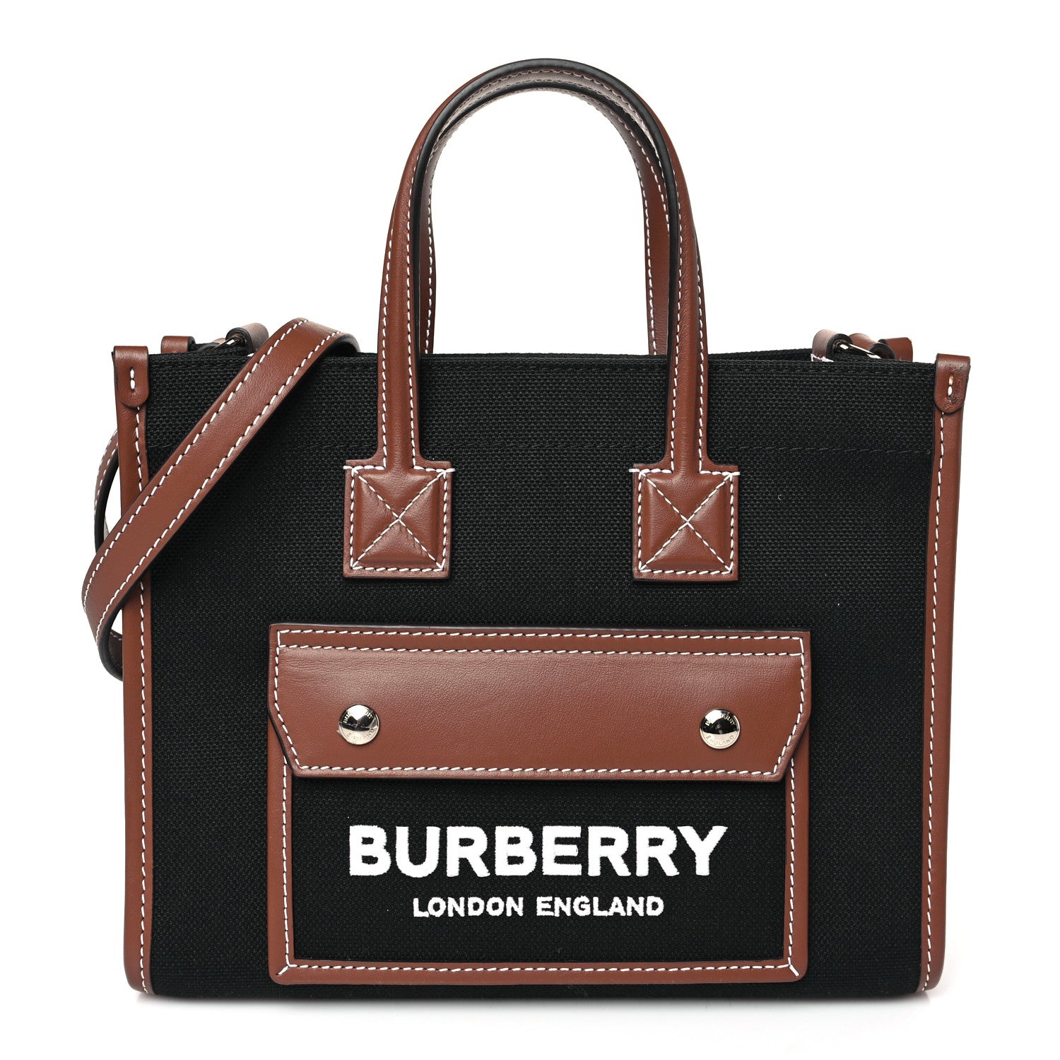 Burberry Canvas Smooth Calfskin Mini Two Tone Freya Tote Black Tan 1 of 9