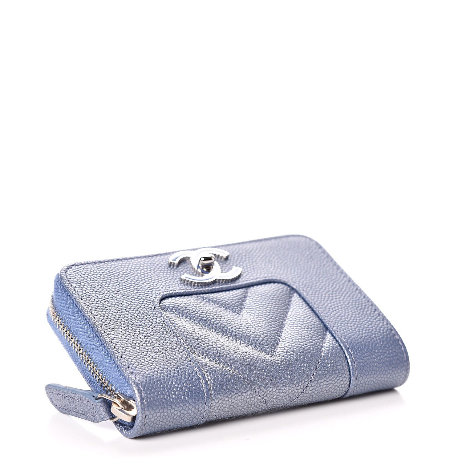 Chanel Metallic Caviar Chevron Quilted Vintage Mademoiselle Zip Coin Purse Light Blue 4 of 10