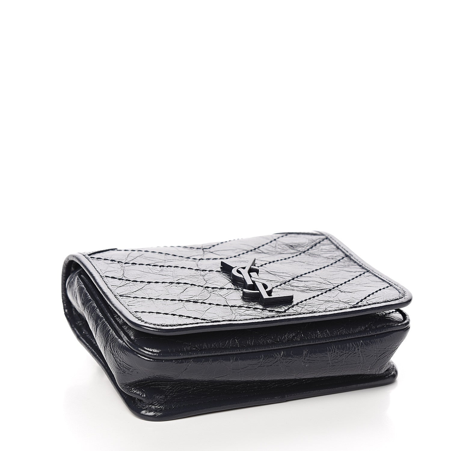 Saint Laurent Crinkled Calfskin Matelasse Monogram Niki Chain Wallet Deep Marine 3 of 9