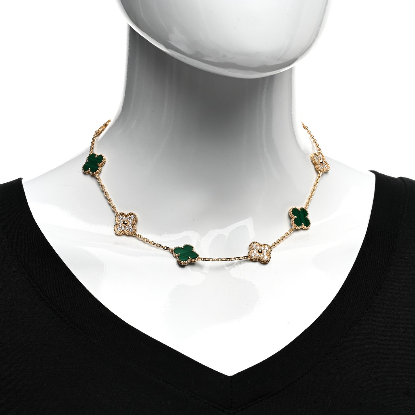 18K Yellow Gold Diamond Malachite 10 Motifs Vintage Alhambra Necklace