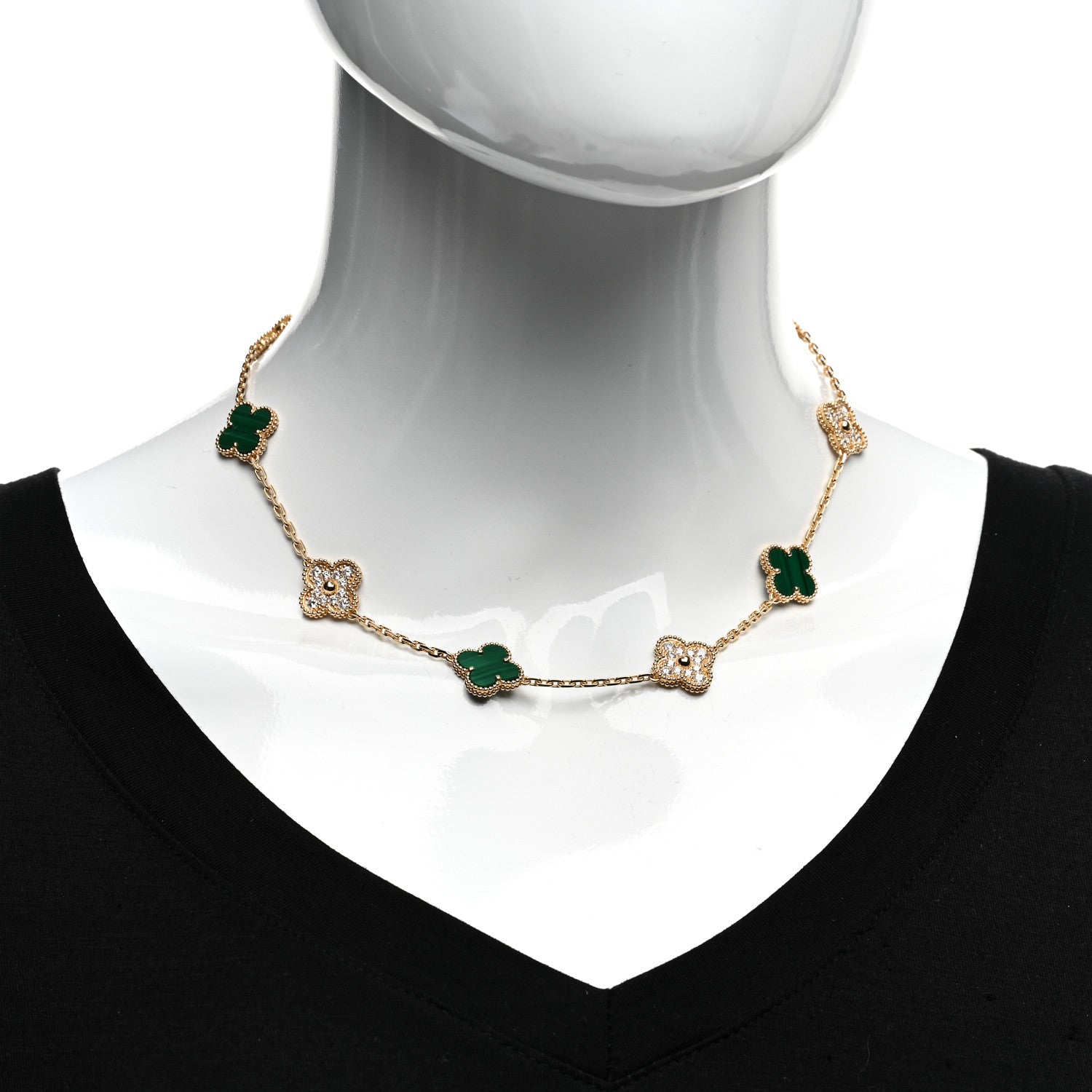 Van Cleef & Arpels 18K Yellow Gold Diamond Malachite 10 Motifs Vintage Alhambra Necklace 2 of 5