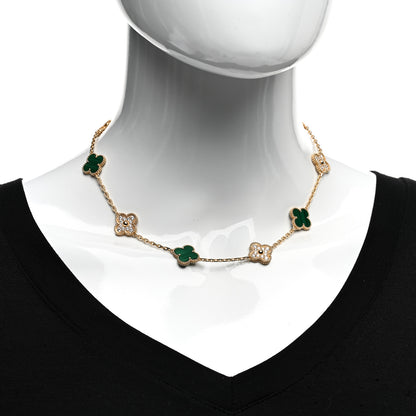 Van Cleef & Arpels 18K Yellow Gold Diamond Malachite 10 Motifs Vintage Alhambra Necklace 2 of 5