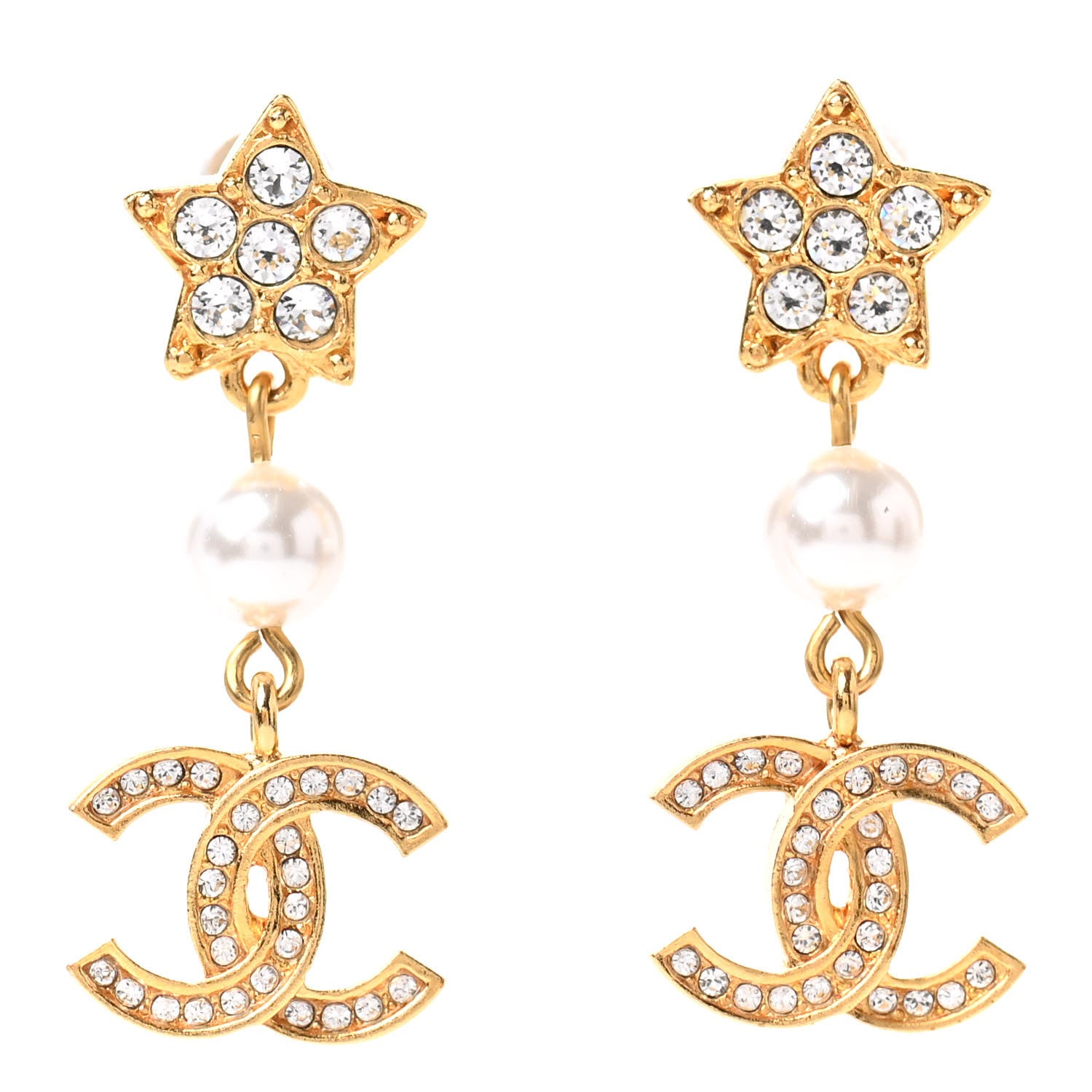 Chanel Crystal Pearl CC Star Drop Earrings Gold 1 of 4
